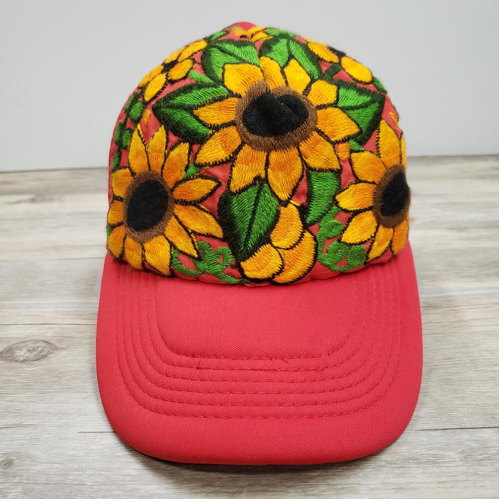 Sunflower Embroidered Hat Cap Snapback Red Mesh Trucker Tankus OS Adjustable